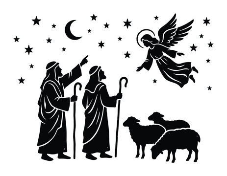 Black silhouette vector illustration shepherds looking angel appearing in the night sky