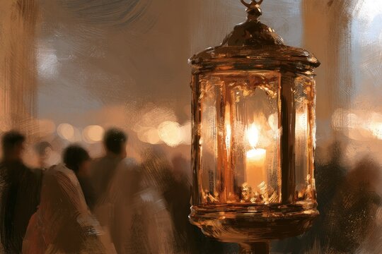 Digital illustration of Ner Tamid lamp with candle flame in a peaceful sanctuary, ornate metalwork
