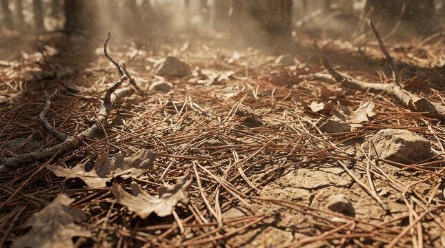 Autumn fallen leaves and forest debris on dusty ground
