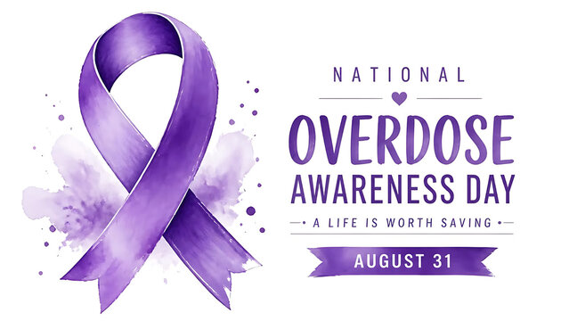 National Overdose Awareness Day poster with purple ribbon and watercolor design for August 31 event