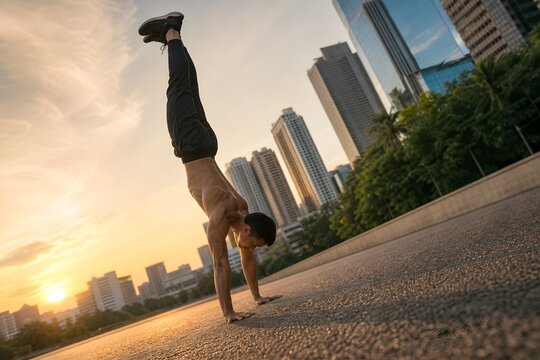 Shirtless man doing a handstand on an asphalt road at sunset, demonstrating strength and balance in an urban setting.