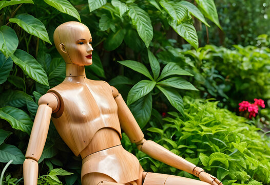 Nature and artificial intelligence concept, wooden mannequin in lush green foliage, technology and environment integration