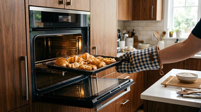 Hand Wearing Oven Mitt Pulling Tray of Fresh Croissants from Oven | Baker Removing Sheet Pan of Hot Baked Pastries from Modern Oven | Taking Fresh Baked Croissants and Danish Pastries Out of Built-In 
