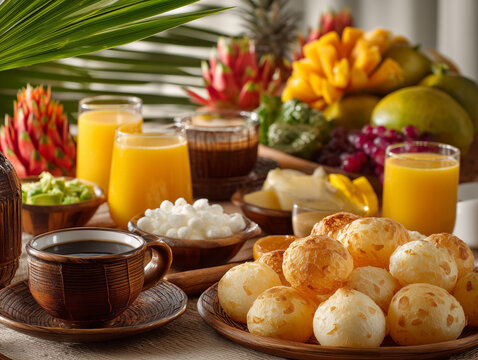 Luxury Brazilian breakfast table featuring p&atilde;o de queijo, tropical fruits, coffee and fresh juices, Independence Day decorations, ultra realistic, no people