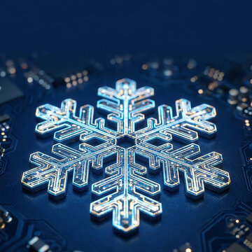 Macro view of a digital snowflake circuit board representing cold technology and winter data.