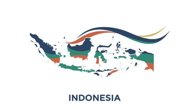 Silhouette map of Indonesia filled with horizontal colored bands and abstract waves on white background vector.