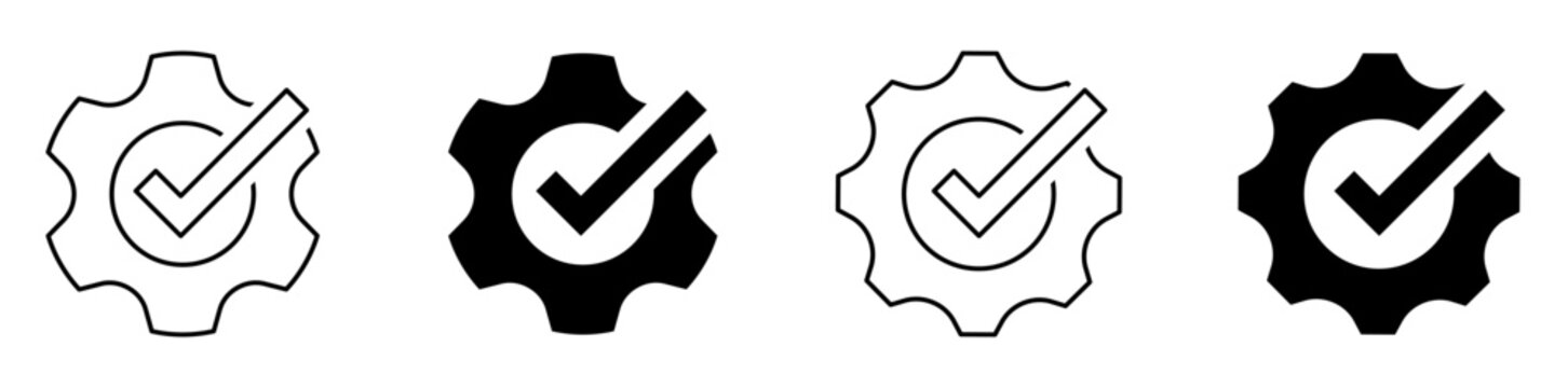 Gear with check mark icon set. System setup completed, process optimization, quality control and option confirmed outline solid vector symbols.