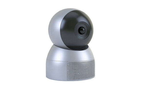 Silver and black rotating security camera with speaker grille