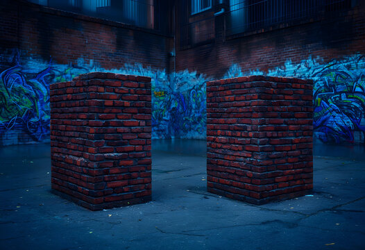 Urban street art and graffiti culture, brick pillars in a dark alley with vibrant blue and green spray paint on walls