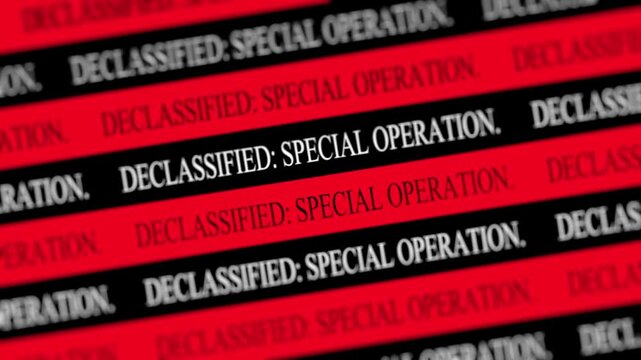 Red and black declassified special operation text warning ticker background a repeating pattern