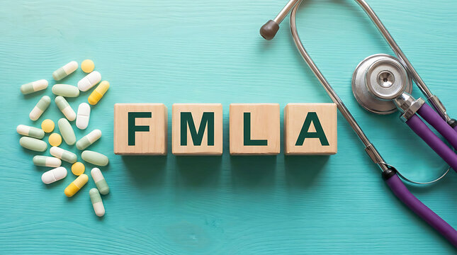 Stethoscope, pills, and wooden blocks spelling FMLA on turquoise background
