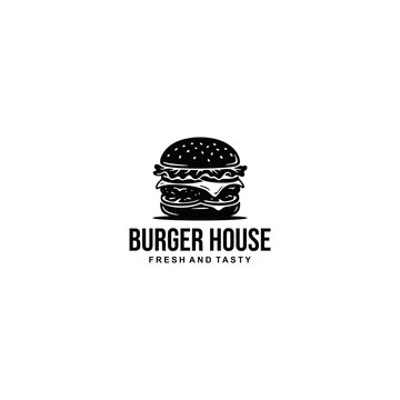 Hand-drawn black and white burger house logo design, isolated vector