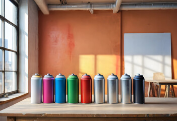 Naklejka na ściany i meble Art and creativity concept, colorful spray paint cans in a row on a wooden table in an artists studio with natural light