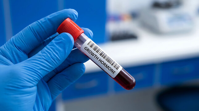 Medical professional holding a vial of blood for growth hormone testing