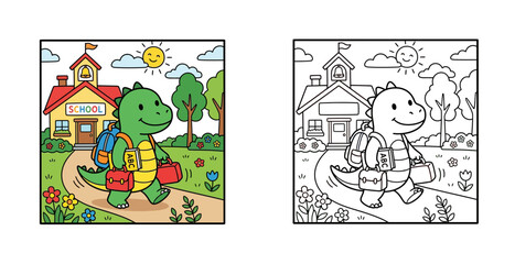 Fototapeta premium Cute Cartoon Dinosaur Student Walking to School Coloring Page and Color Vector Illustration Set for Kids Back to School Activities