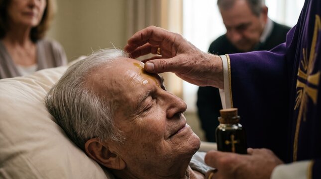 Catholic priest administering the sacrament of the anointing of the sick to an elderly man in bed. Last rites and holy unction blessing in a hospice or hospital room