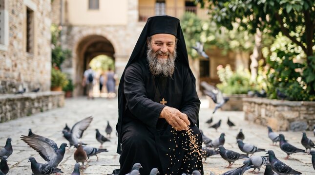 Smiling Orthodox Christian monk feeding pigeons in a monastery courtyard. Senior priest in black cassock with wooden cross scattering grain for birds