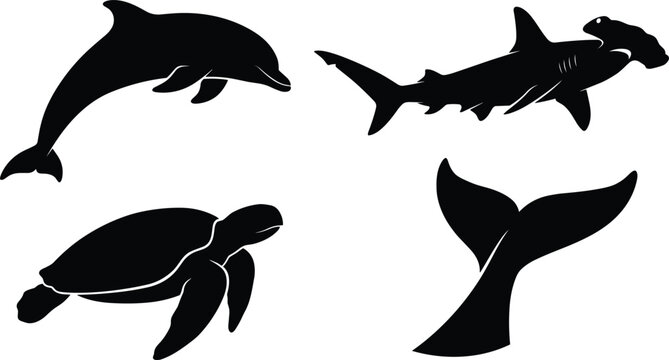 Marine wildlife black silhouettes vector icon set featuring a jumping dolphin swimming hammerhead shark sea turtle and whale tail fluke isolated on white background