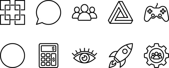 Fototapeta premium Minimalist linear vector business icons set featuring interlocking squares speech bubble team triangle gamepad circle calculator eye rocket gear