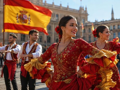 T&auml;nzerinnen in rotem Festkleid pr&auml;sentieren spanische Kultur bei der Fiesta Nacional de Espa&ntilde;a. Elegante Bewegung, traditionelle Mode und lebendige Feierstimmung mit spanischer Flagge.