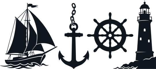 Nautical marine black silhouettes vector set featuring a sailing ship, anchor with chain, ship wheel helm, and ocean lighthouse isolated on white background © Rakib