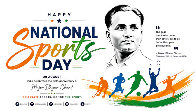 National Sports Day celebration poster with athlete portrait and colorful sports icons