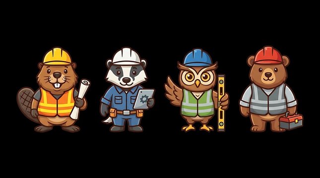 Set of cartoon animals dressed as construction workers.