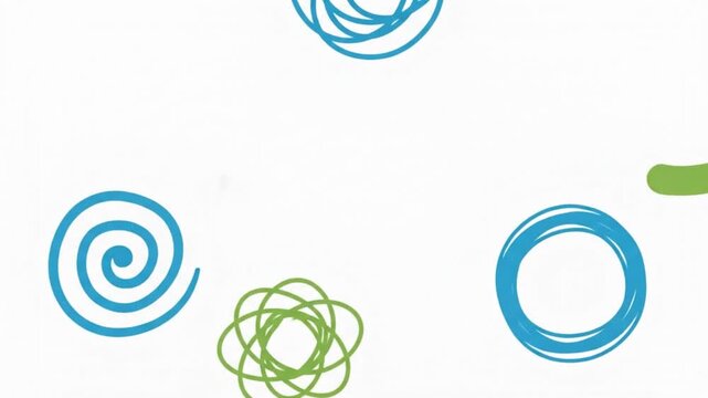Clean white background with blue and green hand drawn abstract loops and circles
