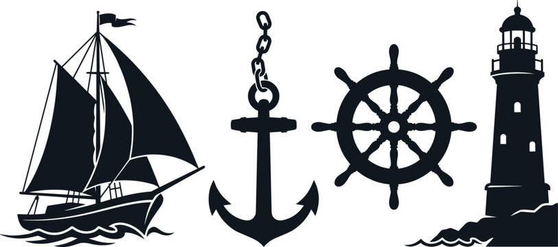 Nautical marine black silhouettes vector set featuring a sailing ship, anchor with chain, ship wheel helm, and ocean lighthouse isolated on white background