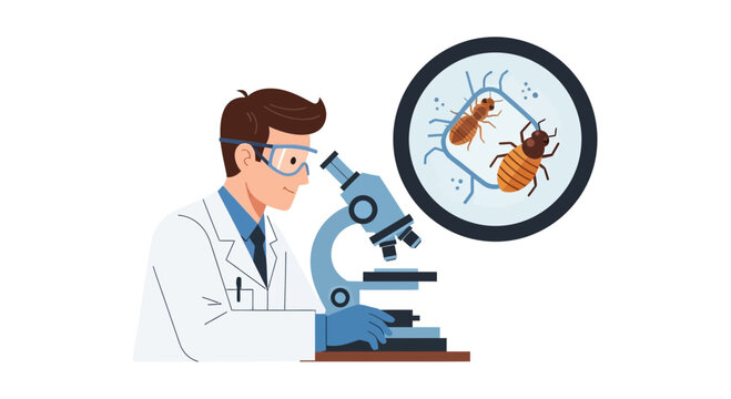 Entomologist Scientist Researching Bed Bugs and Parasites Under Microscope Vector Illustration. Pest Control Service and Laboratory Medical Research Concept.