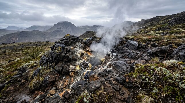 Volcanic steam vent rising from rocky geothermal landscape in a rugged mountain terrain