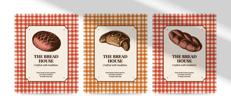 Vintage bakery label frame set. Hand drawn bread loaf, croissant, bread, rustic backgrounds. Branding, menu, flyer, packaging, cafe design. Vector illustration template posters.