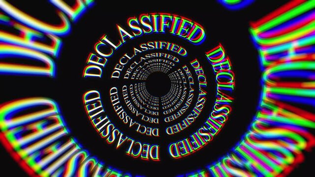 Abstract futuristic tunnel with chromatic aberration and the word declassified repeating