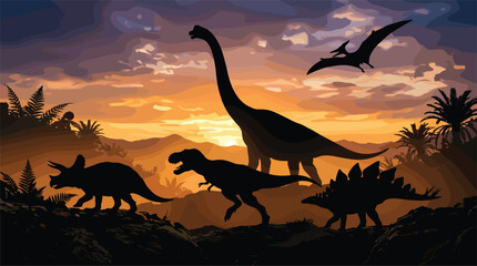 Naklejka premium Prehistoric dinosaur world landscape vector illustration with silhouettes of Tyrannosaurus Rex Brachiosaurus Triceratops Stegosaurus and flying Pterodactyl at sunset background