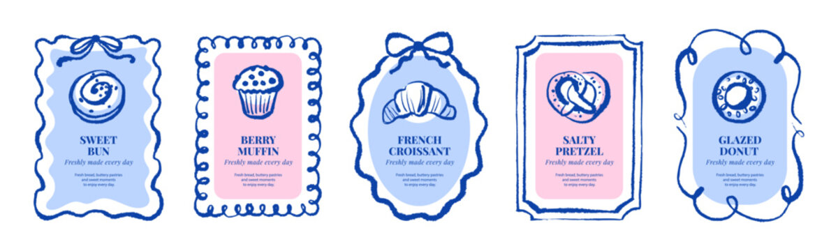 Doodle bakery frame set in sketch crayon style. Vintage culinary, cozy kitchen, bakery branding concept. Hand drawn isolated vector illustration