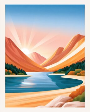 Vintage travel poster illustration of autumn mountain valley at sunrise