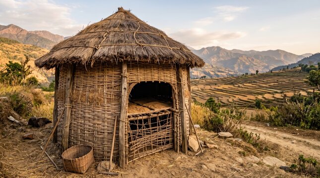 Traditional thatched grain storage hut in a rural mountain landscape at sunset