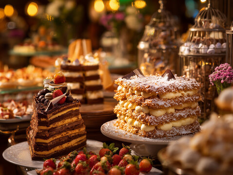 Luxury dessert buffet with alfajores, kuchen, milhojas cake and mote con huesillos, elegant patriotic decorations, premium stock photo, no people