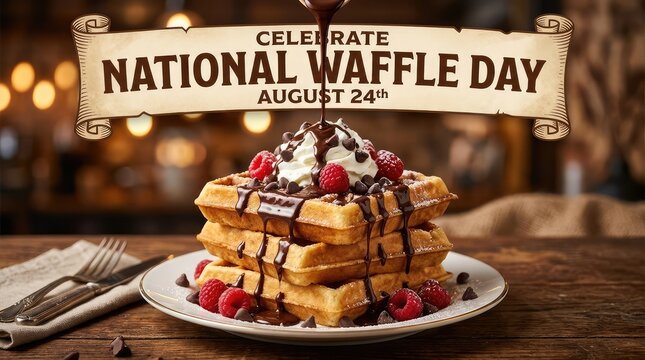 Celebrate National Waffle Day August 24th vintage banner with chocolate drizzled waffle stack
