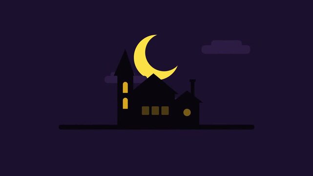 A minimalist illustration of a dark house silhouette with glowing windows under a large crescent moon in a night sky.