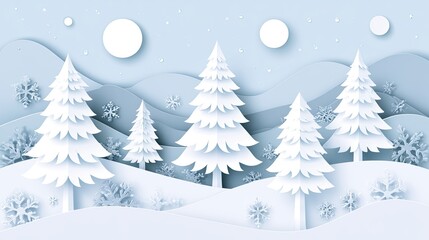Obraz premium Layered paper-cut forest scene with snow-covered evergreen trees and falling snowflakes