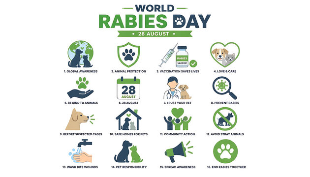World Rabies Day vector icon set with 16 pet health awareness elements for veterinary campaigns