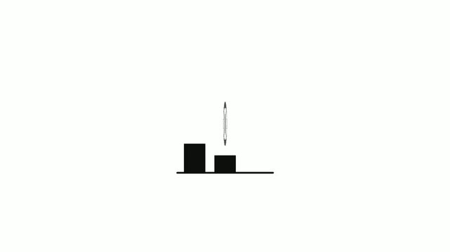 Minimalist bar graph with two columns of different heights and a downward arrow indicating a drop or comparison.