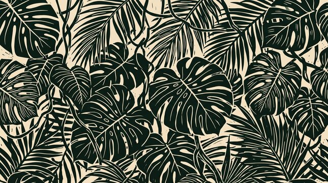 Tropical jungle canopy monstera leaves linocut seamless pattern illustration for botanical wallpaper
