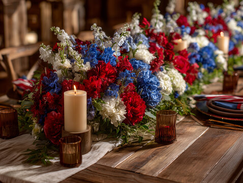Luxury Fiestas Patrias Chile table centerpiece, elegant red white blue flowers, rustic wooden table, linen runner, candles, premium festive decoration, realistic textures, studio lighting, no people