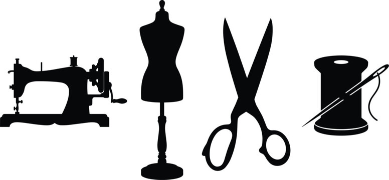 Tailoring and sewing equipment black silhouettes vector set with vintage sewing machine, dressmaker mannequin dummy, scissors, and thread spool with needle isolated on white background