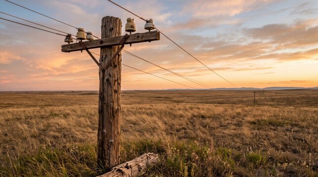 Weathered wooden utility pole in a rural grassy field at sunset