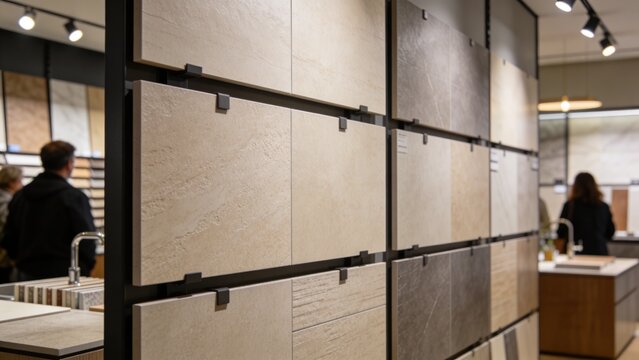 Tile showroom interior displaying extensive collection of ceramic stone porcelain wall flooring samples in neutral beige cream gray earthy tones with varied textures patterns finishes. Modern retail 