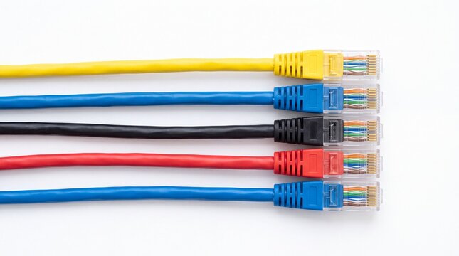 Vibrant ethernet network cables arranged in parallel rows featuring bright primary colors for professional computing and digital connectivity on white background