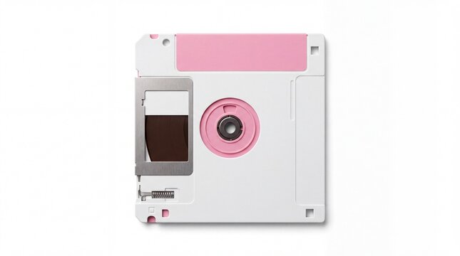 Vintage magnetic computer floppy diskette with pastel pink accents featuring a retro storage media design isolated flat on white background